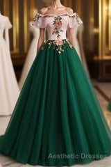 Green Off the Shoulder Floor Length Evening Prom Dresses with Appliques, Puffy Quinceanera Dresses