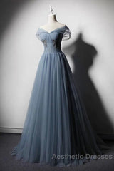 Grey-Blue Tulle Off Shoulder Beaded Long Evening Prom Dresses Party Dresses, Long Evening Gowns