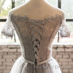 Grey Lace Tulle Short Sleeves Homecoming Dresses Party Dresses, Light Grey Formal Dresses