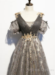 Grey Purple V-Neckline Tulle With Lace Evening Prom Dresses, Off Shoulder A-Line Party Dresses