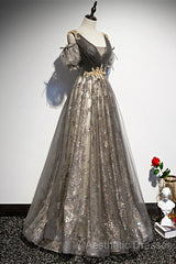 Grey Purple V-Neckline Tulle With Lace Evening Prom Dresses, Off Shoulder A-Line Party Dresses
