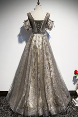 Grey Purple V-Neckline Tulle With Lace Evening Prom Dresses, Off Shoulder A-Line Party Dresses