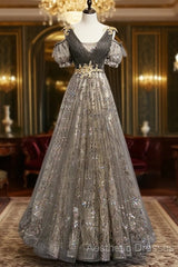 Grey Purple V-Neckline Tulle With Lace Evening Prom Dresses, Off Shoulder A-Line Party Dresses