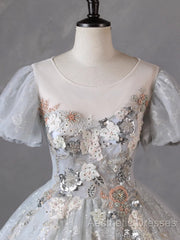 Grey Short Sleeves Tulle Ball Gown Evening Prom Dresses, Grey Ball Gown Sweet 16 Dresses