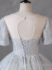 Grey Short Sleeves Tulle Ball Gown Evening Prom Dresses, Grey Ball Gown Sweet 16 Dresses