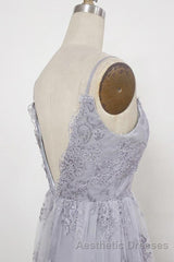 Spaghetti Straps Long Lace Evening Prom Gown, A Line V Neck Sleeveless Formal Dresses