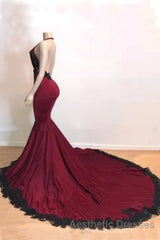 Burgundy Halter Deep V Neck Mermaid Evening Prom Dresses with Lace, Long Evening Prom Gown