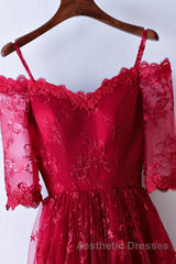 Half Sleeves Burgundy Lace Evening Prom Dresses, Wine Red Half Sleeves Long Lace Formal Evening Dresses