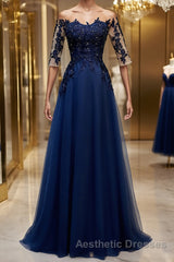 Half Sleeves Navy Blue Long Lace Evening Prom Dresses, Dark Navy Blue Long Lace Formal Bridesmaid Dresses