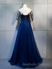 Half Sleeves Navy Blue Long Lace Evening Prom Dresses, Dark Navy Blue Long Lace Formal Bridesmaid Dresses