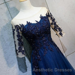 Half Sleeves Navy Blue Long Lace Evening Prom Dresses, Dark Navy Blue Long Lace Formal Bridesmaid Dresses
