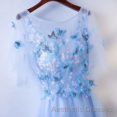 Half Sleeves Round Neck Blue Floral Long Evening Prom Dresses, Blue Long Formal Evening Dresses with Flower