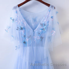 Half Sleeves Round Neck Blue Floral Long Evening Prom Dresses, Blue Long Formal Evening Dresses with Flower