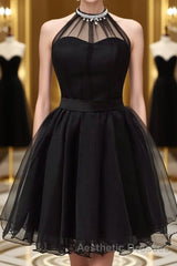 Halter Neck Backless Black Short Evening Prom Dresses, Open Back Black Homecoming Dresses