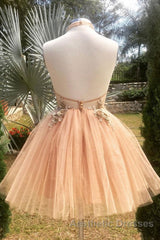 Halter Neck Backless Champagne 3D Floral Short Evening Prom Dresses, Backless Champagne Formal Graduation Homecoming Dresses