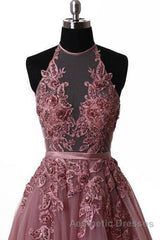 Halter Neck Backless Lace Evening Prom Dresses, Open Back Halter Neck Lace Formal Evening Dresses