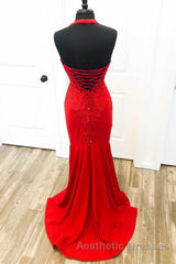 Halter Neck Mermaid Backless Red Lace Long Evening Prom Dresses, Mermaid Red Formal Dresses, Red Lace Evening Dresses