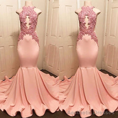 Halter Pink Lace Prom Party Gowns| Mermaid Formal Dresses