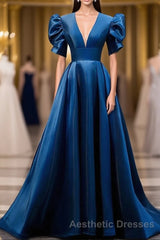 Blue V Neck Satin Short Sleeves Long Evening Prom Dresses Blue Satin Evening Prom Dresses