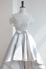 High Low Off Shoulder Gray Lace Evening Prom Dresses, Off the Shoulder Gray Homecoming Dresses, Gray Lace Formal Evening Dresses