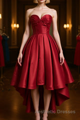 High Low Sweetheart Neck Strapless Backless Satin Red Evening Prom Dresses, Red Graduation Dresses, Red Backless Formal Evening Dresses