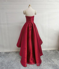 High Low Sweetheart Neck Strapless Backless Satin Red Evening Prom Dresses, Red Graduation Dresses, Red Backless Formal Evening Dresses