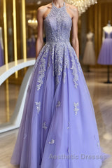High Neck Long Purple Lace Evening Prom Dresses, Purple Lace Formal Evening Dresses