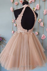 High Neck Open Back Short Champagne Lace Evening Prom Dresses, Backless Champagne Lace Formal Graduation Dresses, Champagne Lace Homecoming Dresses