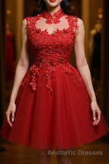 High Neck Red Lace Short Evening Prom Dresses, Red Lace Homecoming Dresses, Red Formal Graduation Evening Dresses