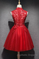 High Neck Red Lace Short Evening Prom Dresses, Red Lace Homecoming Dresses, Red Formal Graduation Evening Dresses