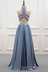 High Neck Two Pieces Blue Lace Long Evening Prom Dresses, 2 Pieces Blue Lace Formal Dresses, Blue Evening Dresses