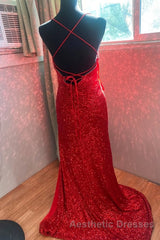 High Slit Blue Sequins Straps Mermaid Evening Prom Gown,Ball Gowns Evening Prom Dresses