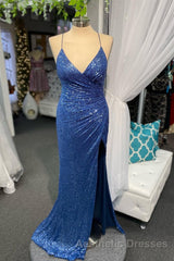 High Slit Blue Sequins Straps Mermaid Evening Prom Gown,Ball Gowns Evening Prom Dresses