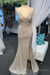High Slit Blue Sequins Straps Mermaid Evening Prom Gown,Ball Gowns Evening Prom Dresses