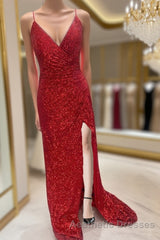 High Slit Blue Sequins Straps Mermaid Evening Prom Gown,Ball Gowns Evening Prom Dresses