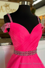 Hot Pink Beaded Cold-Shoulder A-Line Evening Prom Dresses