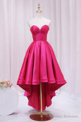 Hot Pink Satin High Low Prom Dress, Cute Sweetheart Neck Evening Party Dress