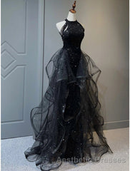 A-Line Evening Prom Dresses Vintage Dresses Wedding Guest Wedding Party Sweep / Brush Train Sleeveless Halter Neck Wednesday Addams Family Sequined with Crystals Sequin Ruffles Masquerade Dresses