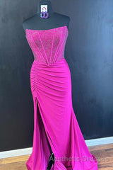 Hunter Green Mermaid Strapless Beaded Pleated Long Evening Prom Dresses