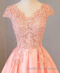 Custom Made V Neck Lace Long Evening Prom Dresses, Lace Evening Prom Dresses