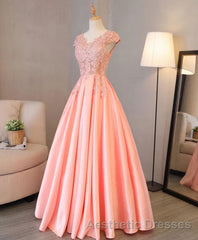 Custom Made V Neck Lace Long Evening Prom Dresses, Lace Evening Prom Dresses