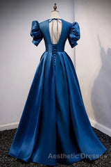 Blue V Neck Satin Short Sleeves Long Evening Prom Dresses Blue Satin Evening Prom Dresses