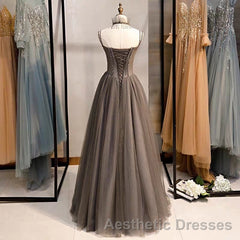 A-Line Evening Prom Dresses Open Back Dresses Formal Wedding Party Floor Length Sleeveless Spaghetti Strap Tulle with Pleats