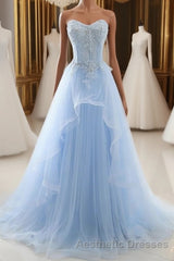 A-Line Sexy Floral Engagement Evening Prom Birthday Dresses Strapless Sleeveless Sweep / Brush Train Lace with Pleats Lace Insert