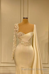 Ivory One Shoulder Asymmetric Evening Prom Dresses with Ruffles