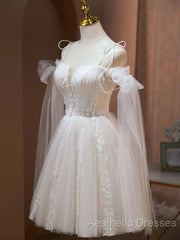 Ivory Tulle Knee Length With Lace Short Evening Prom Dresses, Cute Ivory Party Dresses