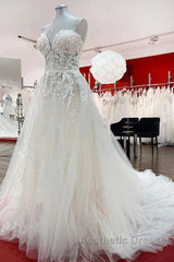 Ivory Tulle Lace Wedding Dresses A-Line Sweetheart Bridal Dresses With Sweep Train Off Shoulder