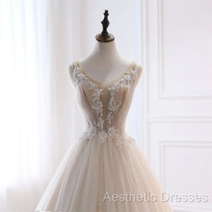 Ivory Tulle With Lace Long Wedding Party Dresses With Sweep Train, Ivory Formal Dresses
