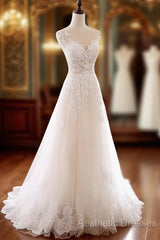 Ivory Tulle With Lace Round Neckline Long Wedding Party Dresses, Ivory Tulle Evening Prom Dresses