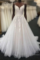 Ivory V neck Sleeveless A line Princess Lace Wedding Dresses